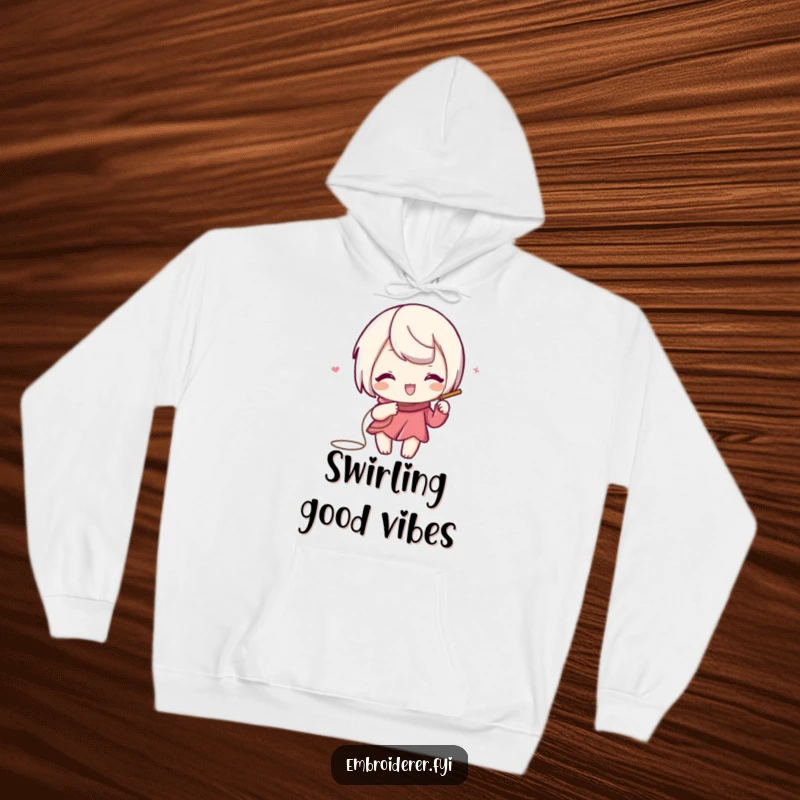 Funny hoodie depicting a playful character using needle and thread to draw a swirling, decorative line.