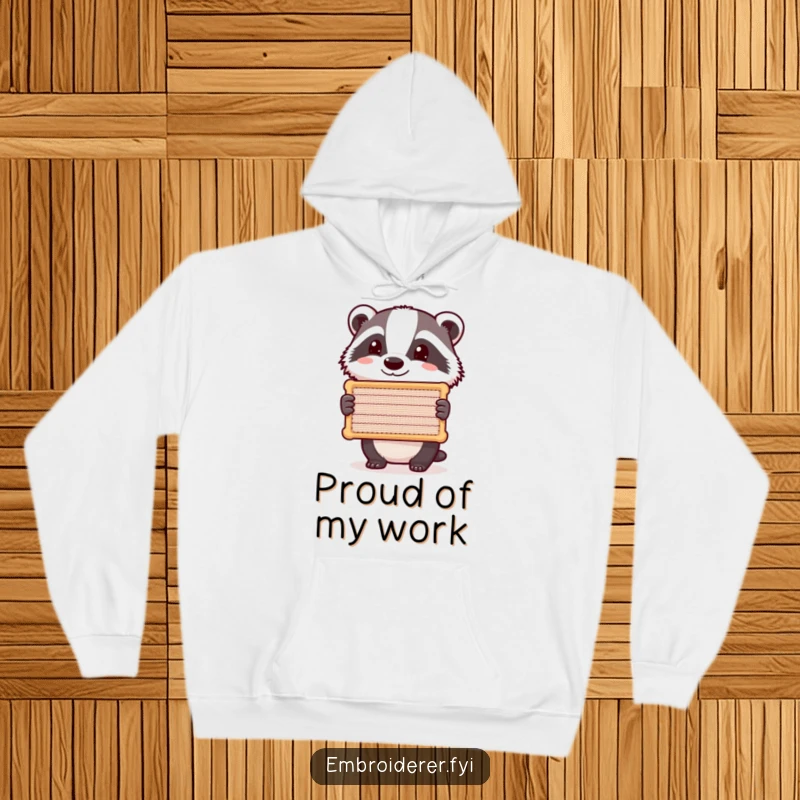 Funny Badger Stitch Hoodie, a contented badger holding a stitched item, cozy and humorous sweatshirt for crafters.