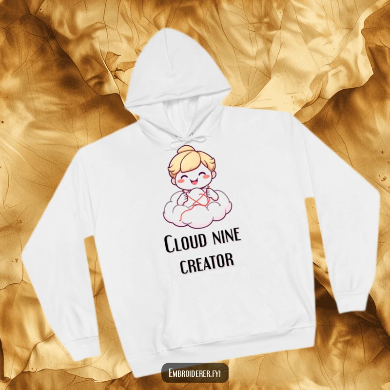 Funny smiling character sewing a fluffy cloud, featured on a warm hoodie for cozy creative sessions and imaginative comfort.