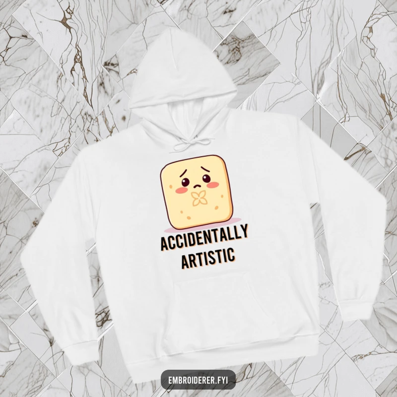 Funny hoodie with a confused bar of soap accidentally carving a tiny artistic pattern into its own body.