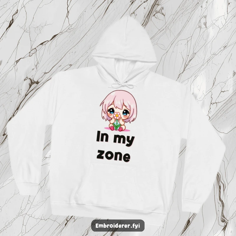 Funny hoodie showing a character meticulously embroidering a delicate tiny flower, symbolizing focused crafting and artistry.