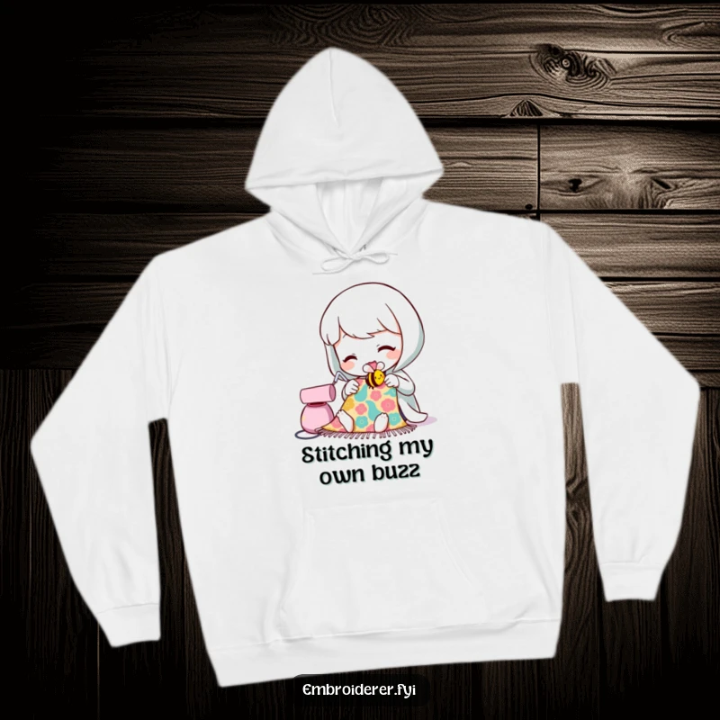 Funny hoodie with a character sewing a tiny, smiling bee onto fabric, offering warmth and a humorous touch for crafters.