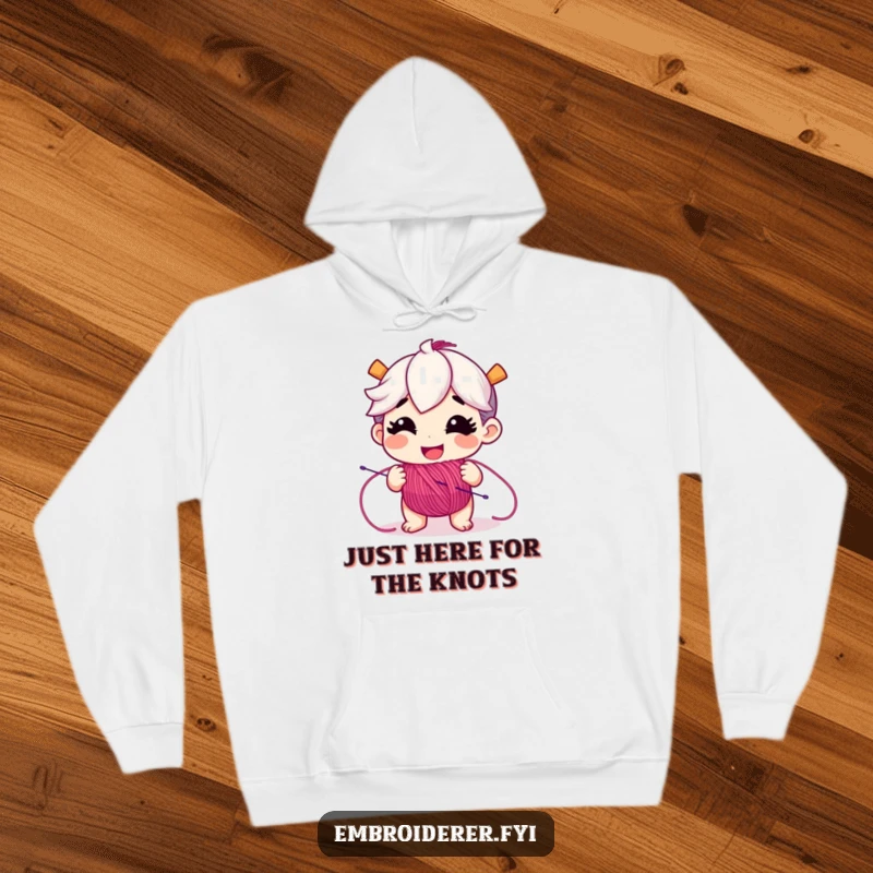 Funny hoodie featuring a happy character unspooling a cascade of colorful embroidery floss, celebrating the joy of crafting.
