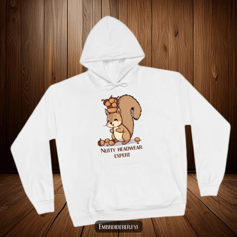 Funny hoodie depicting a squirrel balancing a tower of acorns on its head, offering warmth and whimsical charm.