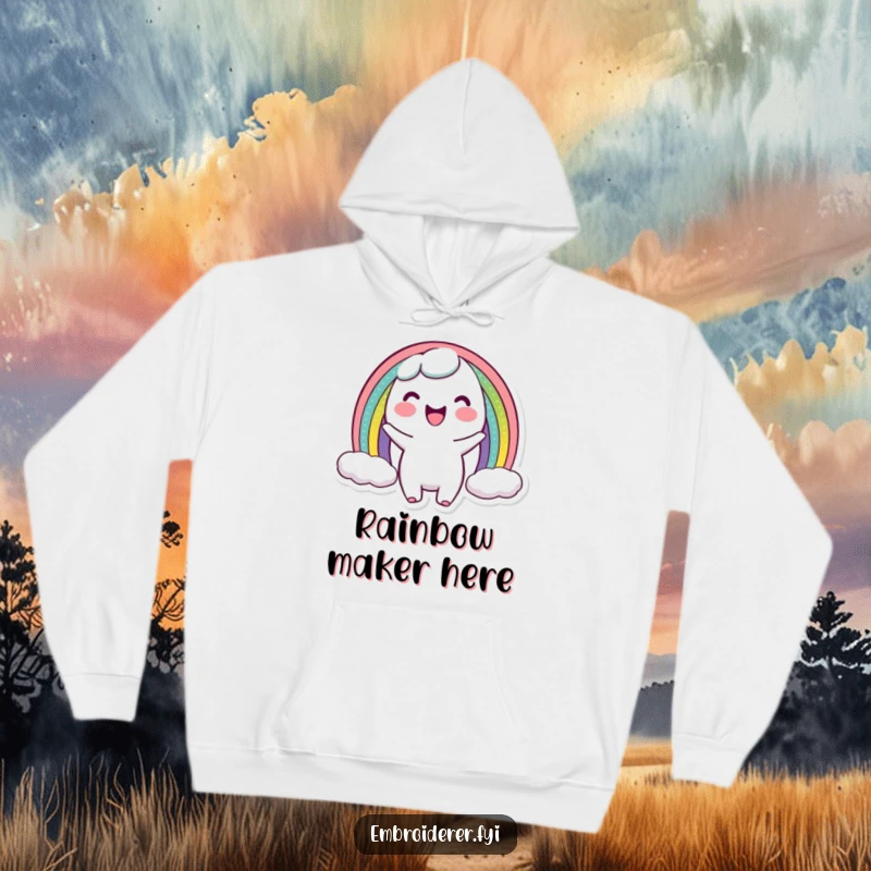 Funny hoodie featuring a character holding a perfectly stitched miniature rainbow arc, symbolizing joy, creativity, and colorful crafting.