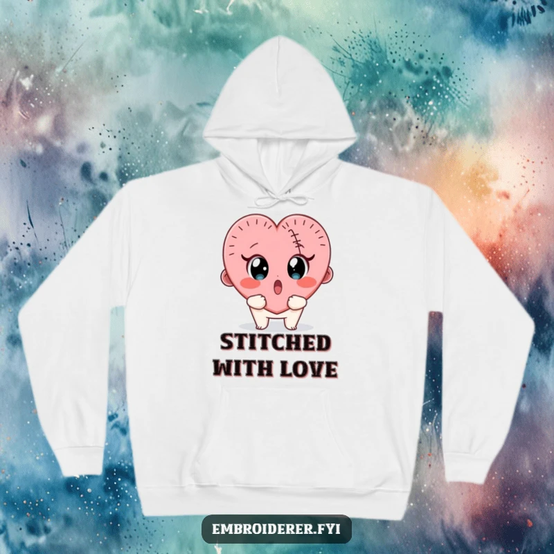 Funny hoodie depicting a surprised character looking wide-eyed at a wobbly, half-finished stitched heart.