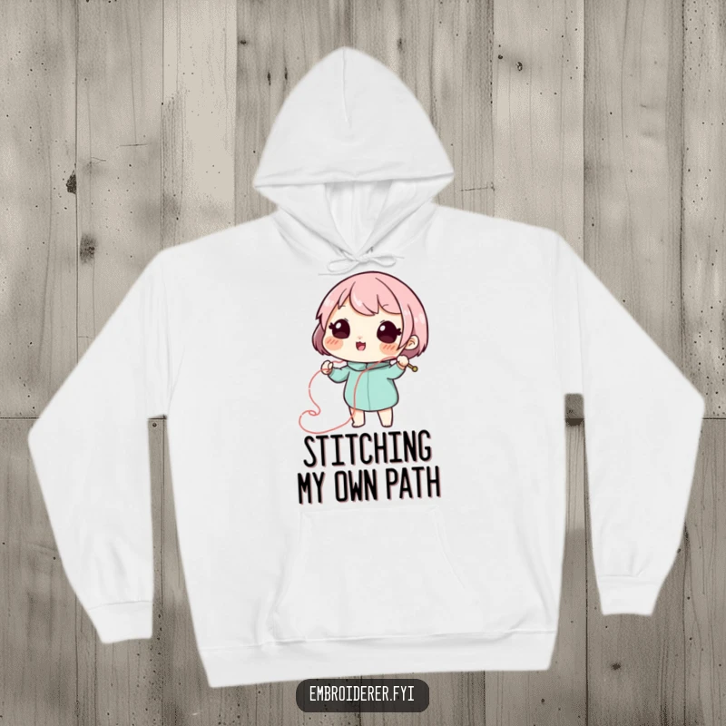 Funny stitch artist hoodie featuring a playful character drawing a swirling, decorative line with needle and thread, for creative comfort.