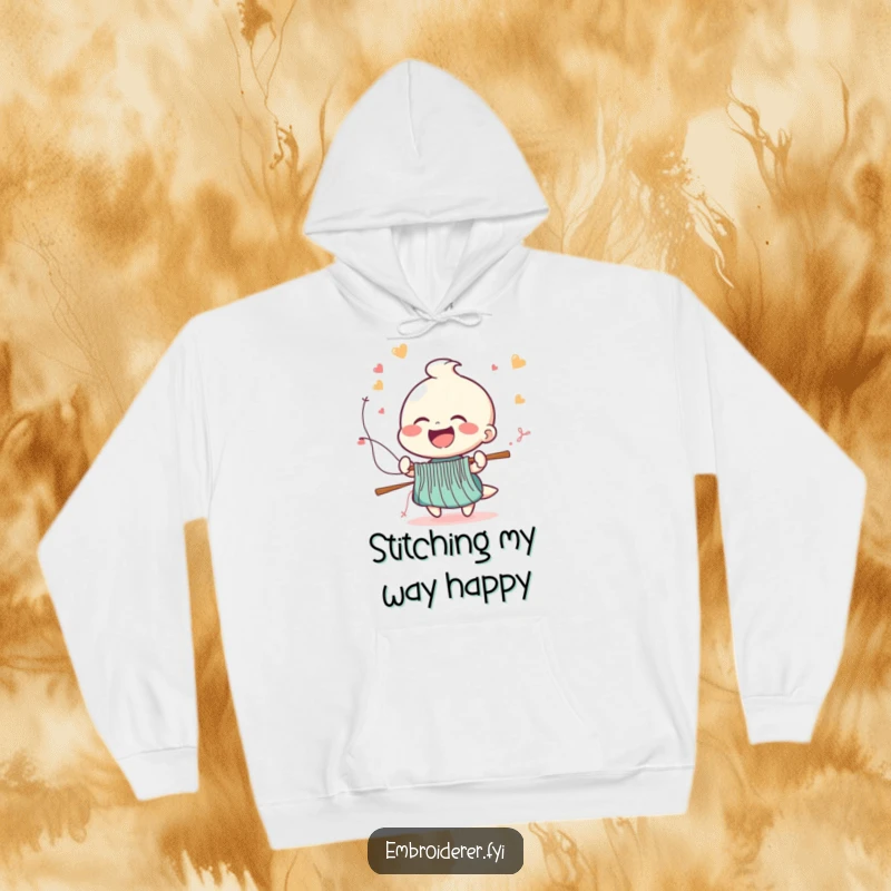 Funny hoodie featuring a cheerful laughing figure with stitches flying from a needle at high speed, perfect for cozy crafting.
