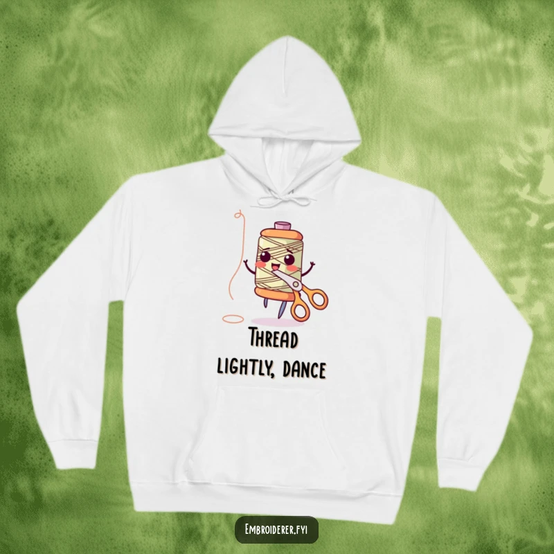 Funny anthropomorphic thread spool giggling and dancing with scissors in a cozy hoodie, symbolizing the joy and fun of sewing, ideal for funny hoodie lovers.