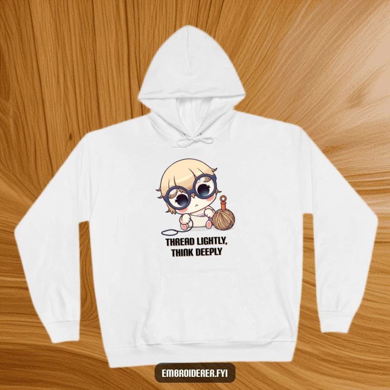 Funny crafter hoodie featuring a cute character with large glasses, intensely focused on needle and thread, for cozy crafting.
