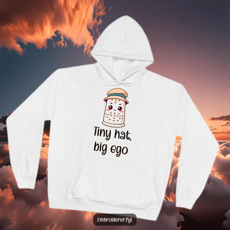 Funny anthropomorphic thimble wearing a tiny hat in a cozy hoodie, symbolizing determination and confidence, ideal for funny hoodie lovers.