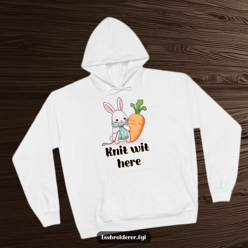 Funny hoodie depicting a rabbit knitting a scarf for a giant carrot, offering warmth and whimsical charm.