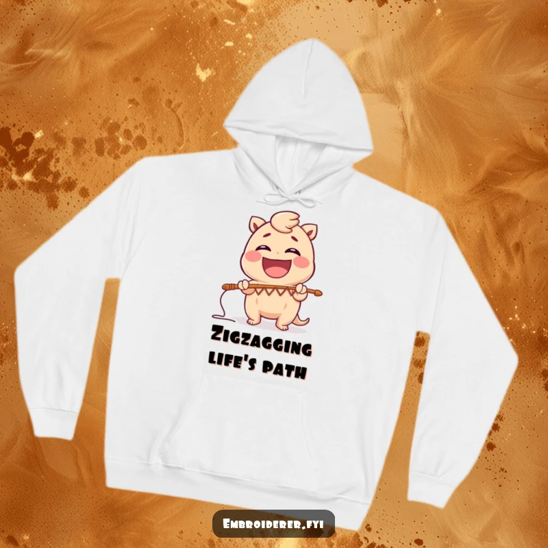 Funny hoodie featuring a gleeful character using a large needle to stitch a comical zig-zag pattern, perfect for cozy, creative fun.