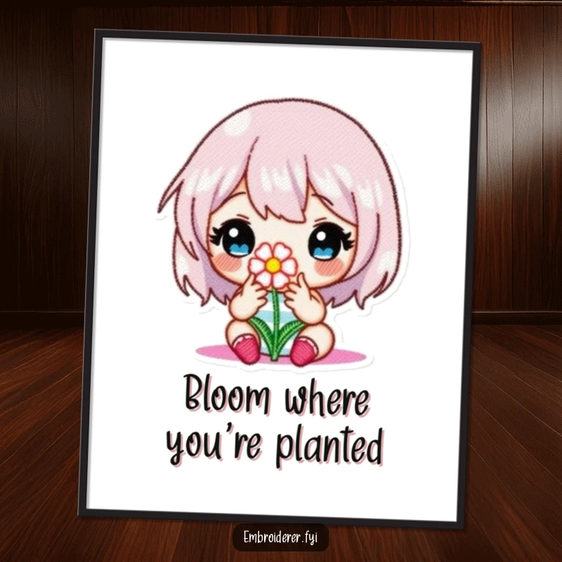 Funny Free Printable wall art showing a character deeply focused on carefully embroidering a tiny, intricate flower design.