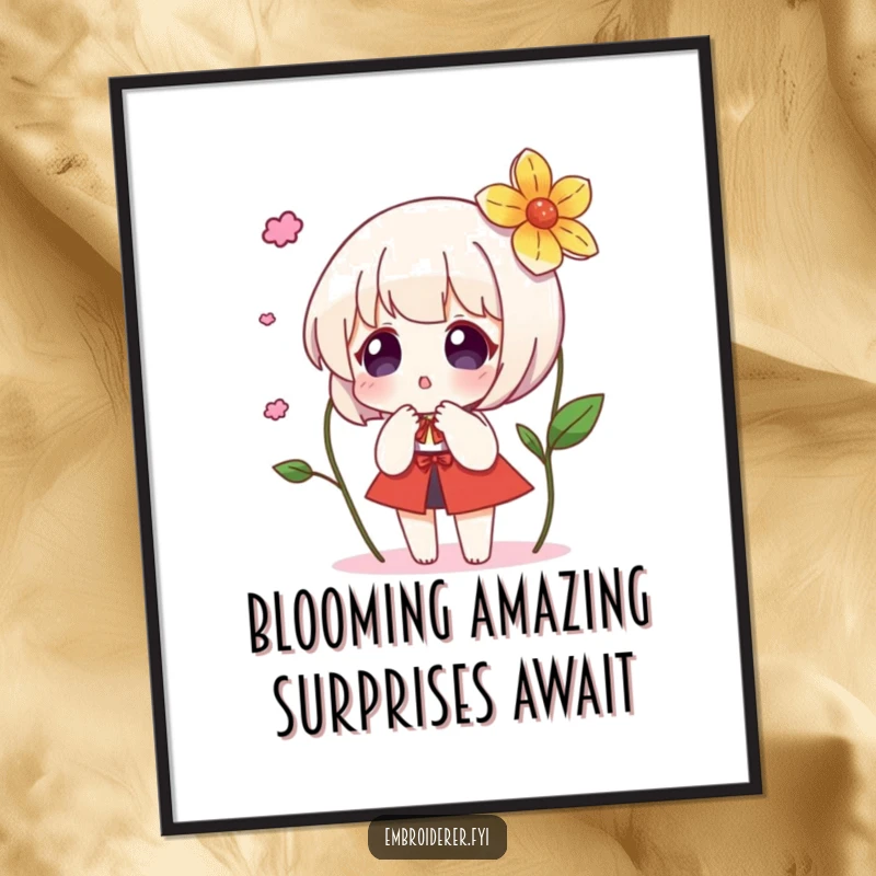 Funny Free Printable Wall Art: Character looks amazed as a colorful embroidered flower materializes magically before them.