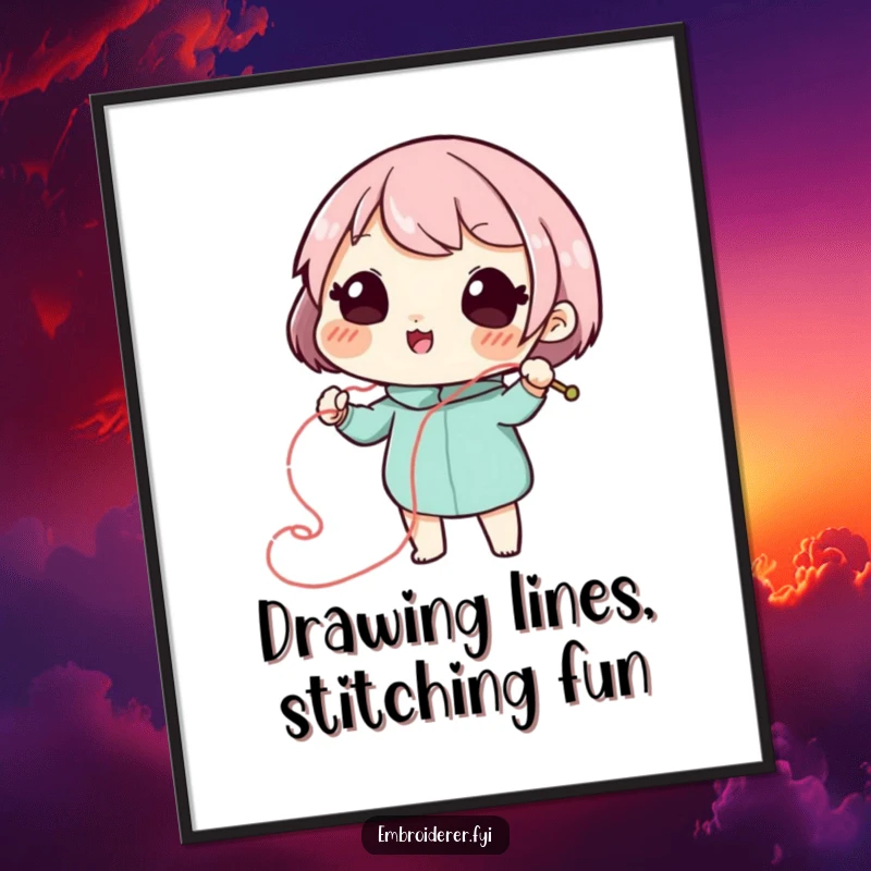 Funny Free Printable Wall Art: A playful character uses needle and thread to draw a vibrant, swirling decorative line.