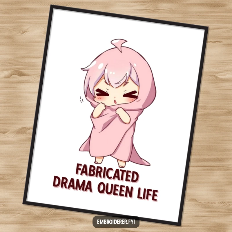 Funny Free Printable Wall Art of a character in a ridiculously dramatic pose, draped in fabric, exuding theatrical charm and humor.