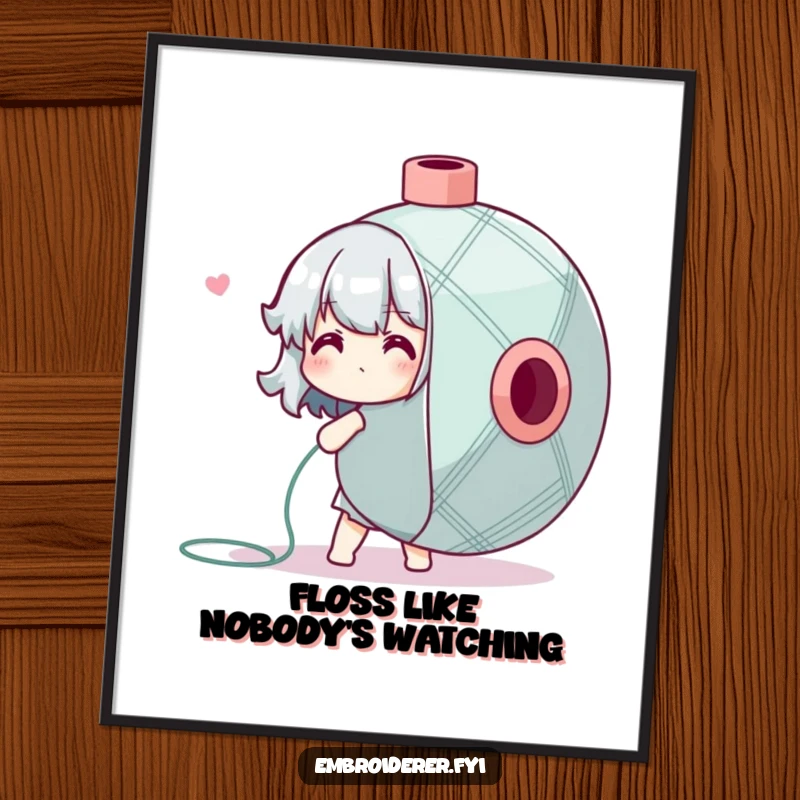 Funny Free Printable Wall Art depicting a character adorably overwhelmed by a gigantic spool of embroidery floss, DIY decor.