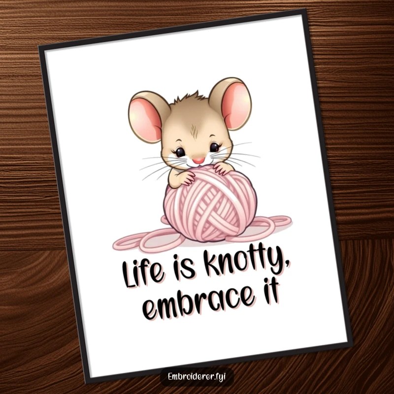 Funny Free Printable Wall Art: A small mouse curiously inspects a large, tangled ball of colorful yarn, creating a playful scene.