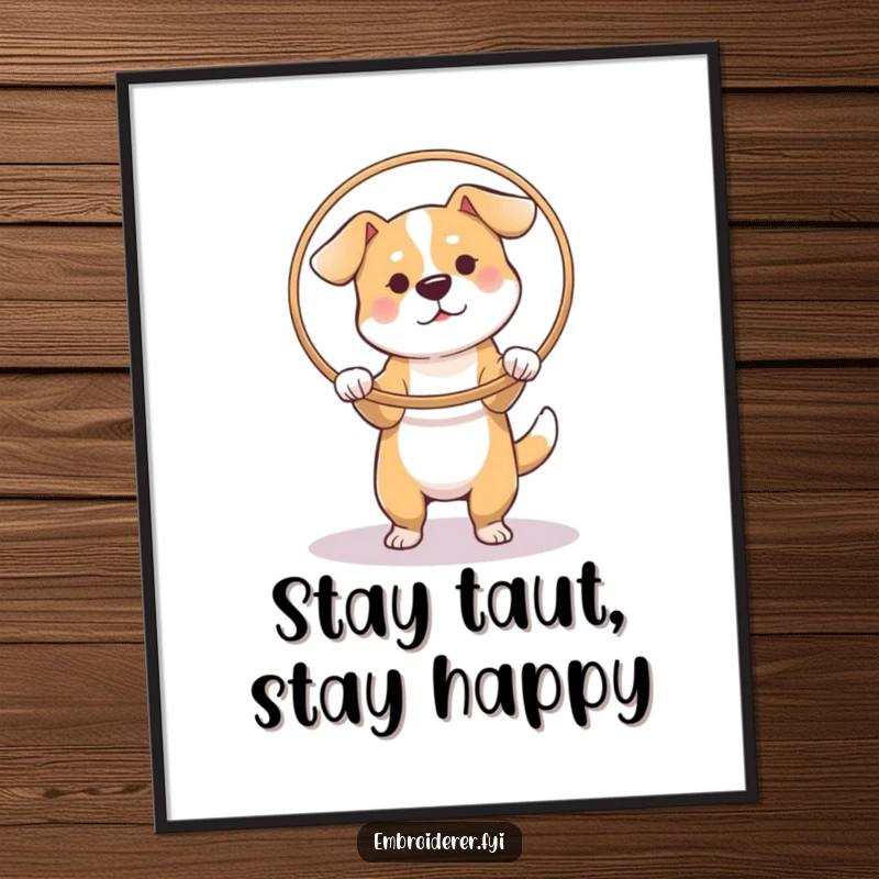 Funny Free Printable Wall Art: A focused dog is depicted using a hoop to carefully stretch a piece of fabric.