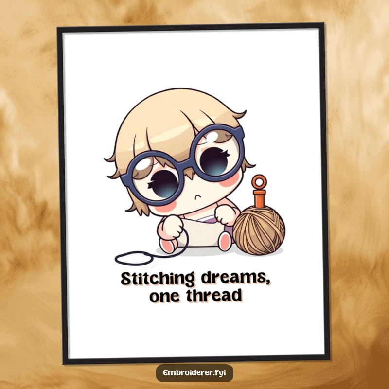 Funny Free Printable Wall Art: A character with big glasses intensely focused on sewing with a needle and thread, symbolizing concentration.