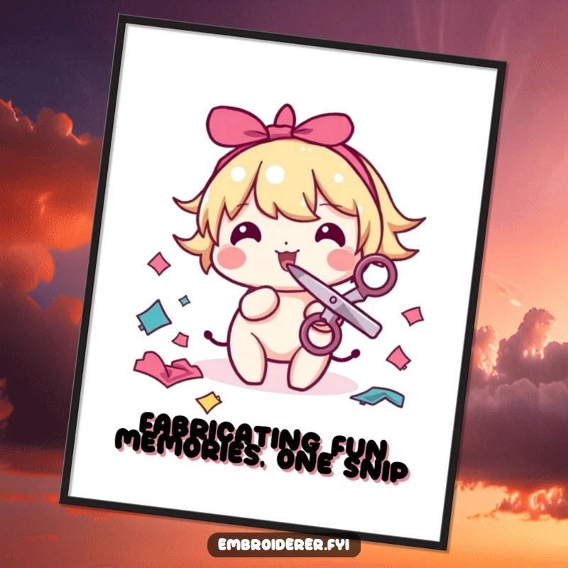 Funny Free Printable Wall Art: Character with scissors in mouth playfully snipping colorful fabric scraps.