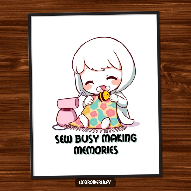 Funny Free Printable Wall Art of a character sewing a beaming bee, celebrating creativity and crafts.