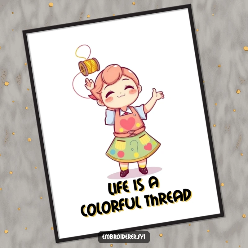 Funny Free Printable Wall Art: Cheerful character in a colorful apron playfully tosses a spool of vibrant thread into the air.