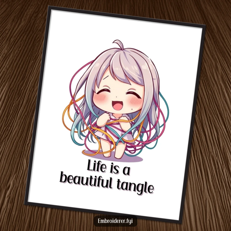 Funny Free Printable Wall Art: Character giggling joyfully as colorful threads playfully tangle around them, a vibrant design.