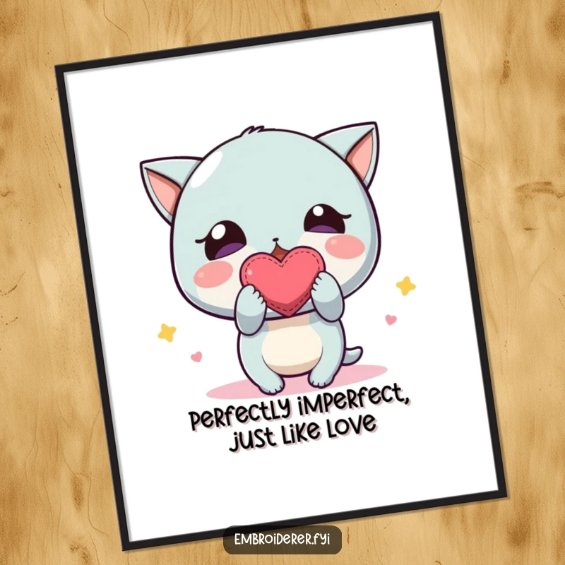 Funny Free Printable Wall Art of a character excitedly showing a small, beautifully wonky embroidered heart, radiating love and charm.