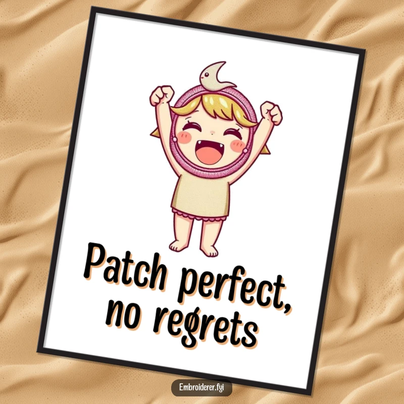 Funny Free Printable Wall Art: A character proudly holds up a beautifully embroidered patch, showcasing their crafting success.
