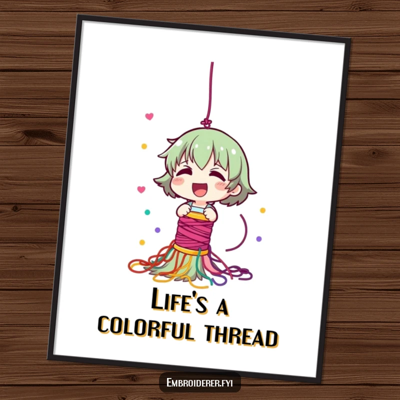 Funny Free Printable Wall Art: Giggling character accidentally dropping a spool of thread, creating a stunning colorful cascade.