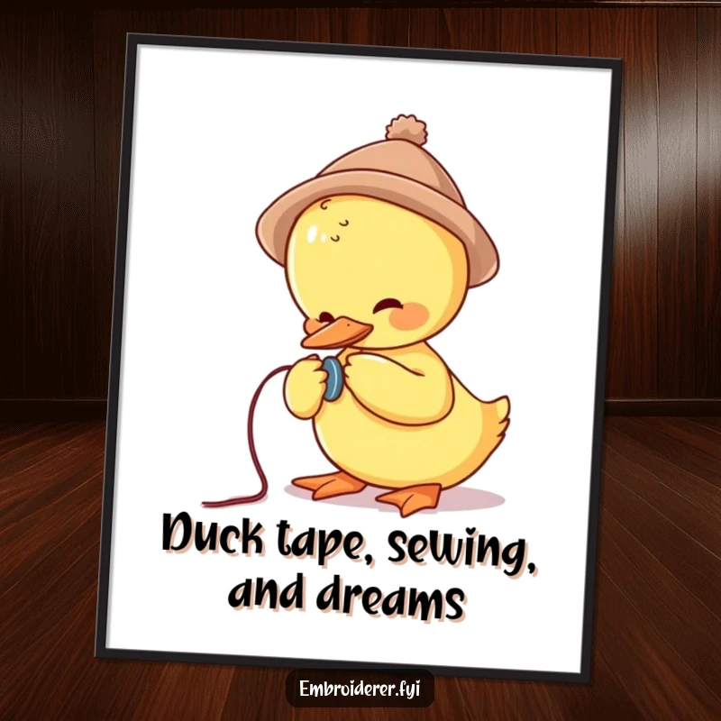 Funny Free Printable Wall Art: A cute duck wearing a small hat with determination struggles to sew a loose button.