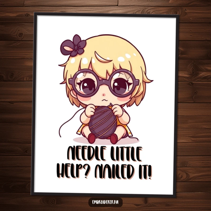 Funny Free Printable Wall Art: Character in oversized glasses intently sewing, quirky downloadable decor for crafters and art lovers.