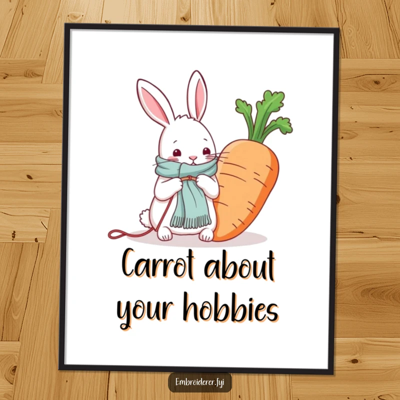 Funny Free Printable Wall Art: A rabbit is enthusiastically knitting a scarf for a massive carrot, a scene of delightful absurdity.