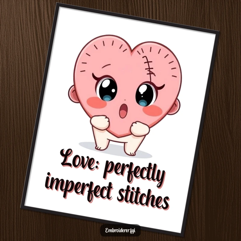 Funny Free Printable Wall Art: Surprised character gazing at a wobbly stitched heart, quirky downloadable decor.