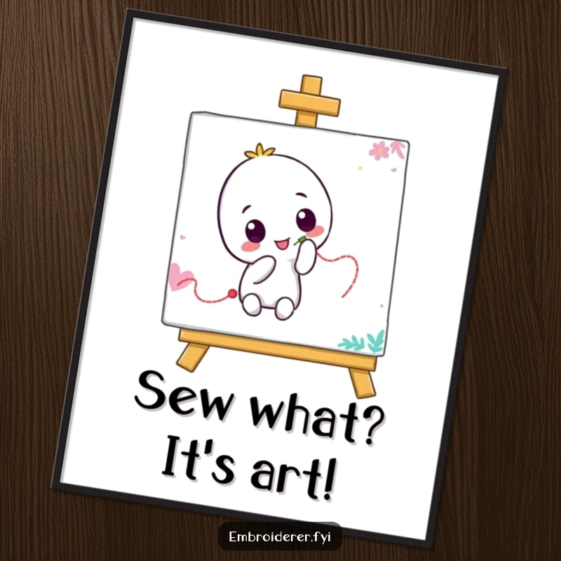 Funny Free Printable Wall Art: A whimsical character humorously stitches a wiggly thread line across a vibrant canvas, creating quirky decor.