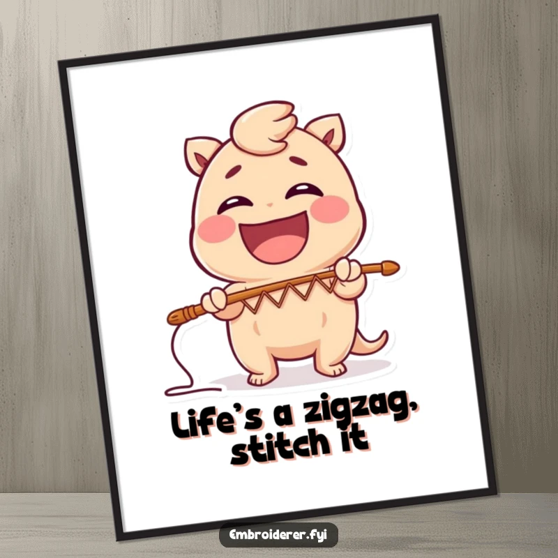 Funny Free Printable Wall Art: A gleeful character laughs while stitching a comical zig-zag pattern with a large needle, adding humor decor.