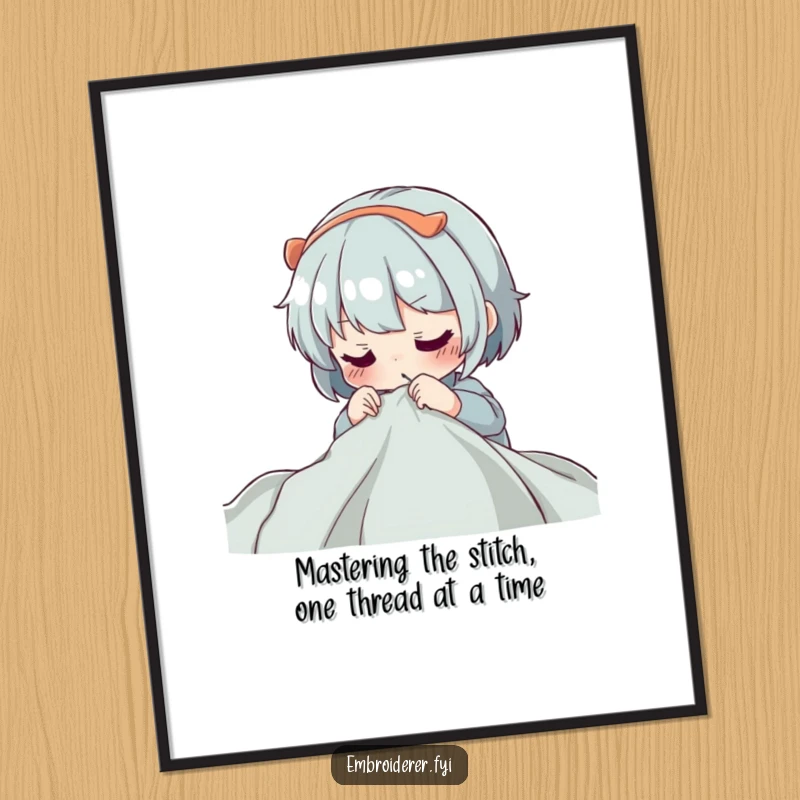 Funny Free Printable Wall Art depicting a character concentrating intensely while guiding a needle through fabric, celebrating the art of creation.