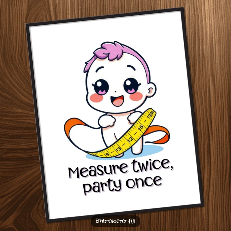 Funny Free Printable wall art of a joyful character happily holding and extending a colorful tape measure over a piece of fabric.