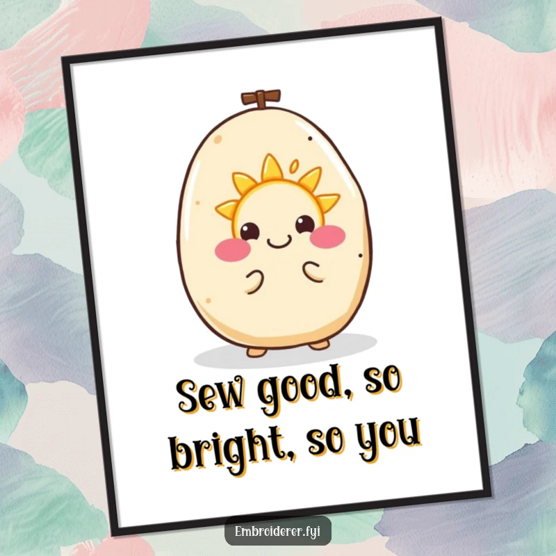 Funny free printable wall art depicting a happy potato diligently embroidering a small, smiling sun, bringing cheerful vibes to the room.