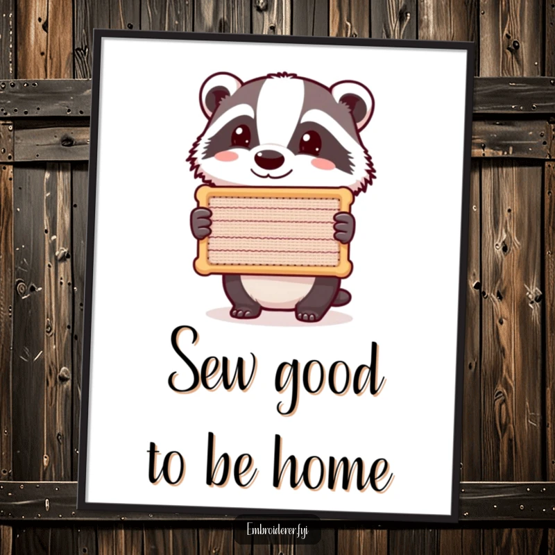 Funny Free Printable Wall Art: A contented badger holds up a piece of beautifully stitched fabric, celebrating handmade artistry.