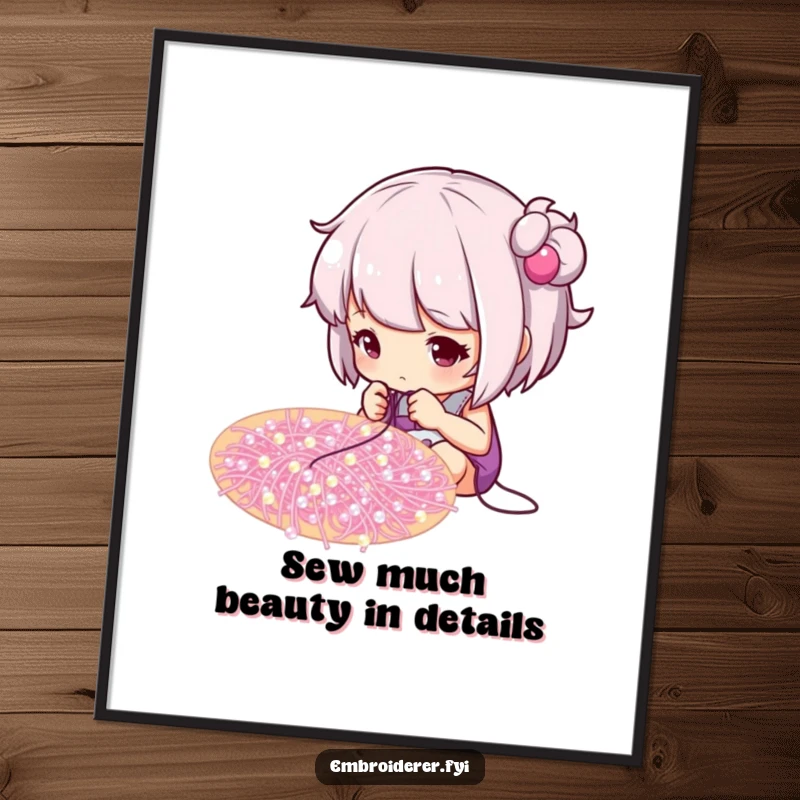 Funny Free Printable Wall Art: Character intently stitching tiny, sparkling beads onto a swirling pattern, creating a mesmerizing artistic piece.