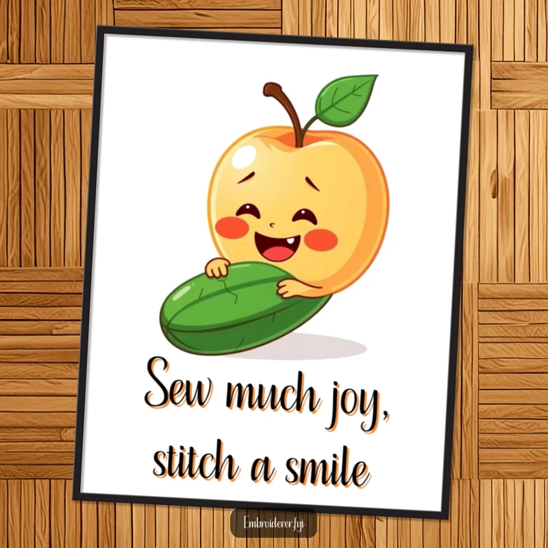 Funny free printable wall art illustrating a happy apple stitching a smile onto a grumpy cucumber's face, a humorous and quirky wall decoration.