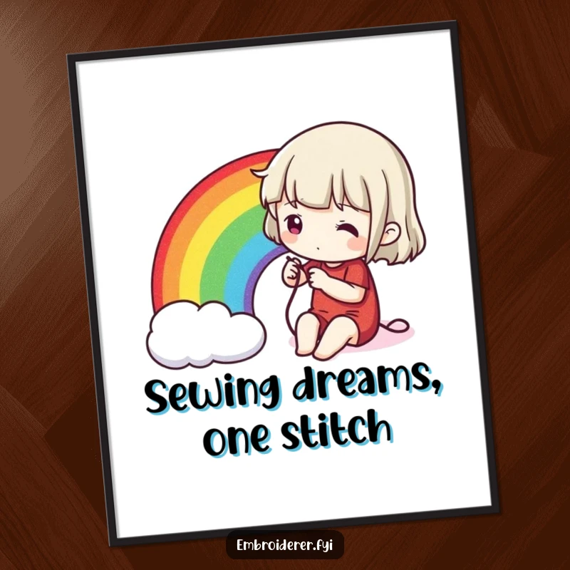 Funny Free Printable Wall Art: A character is depicted carefully stitching a vibrant rainbow onto fabric with precision and care.