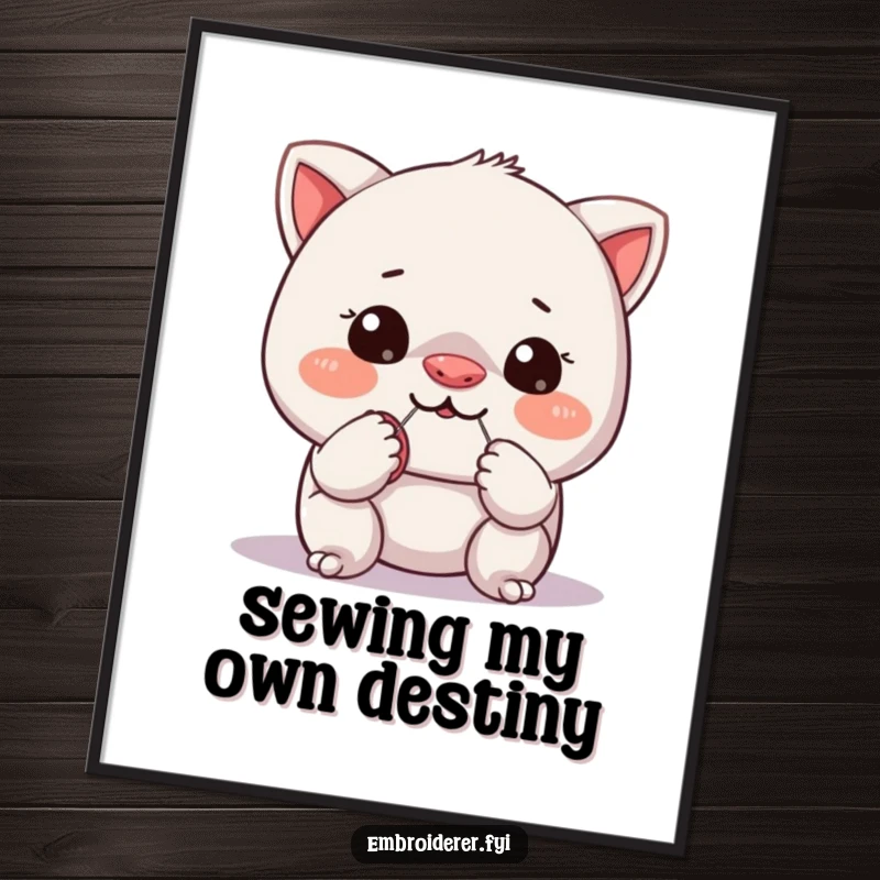 Funny Free Printable Wall Art: Mischievous character humorously attempting to sew a tiny button onto its own nose.