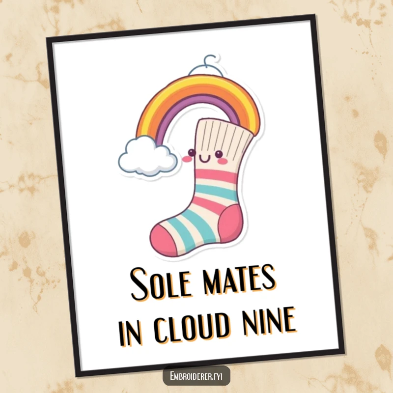Funny Free Printable Wall Art: A cheerful sock humorously attempting to sew a vibrant rainbow onto a soft cloud.