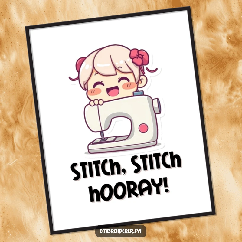 Funny Free Printable Wall Art: A delighted character using a sewing machine with pure joy, capturing the love of creation.