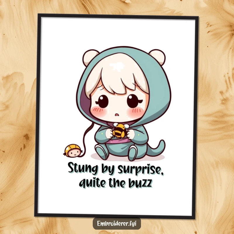 Funny Free Printable Wall Art: A character looks surprised after accidentally sewing a tiny, buzzing bee.