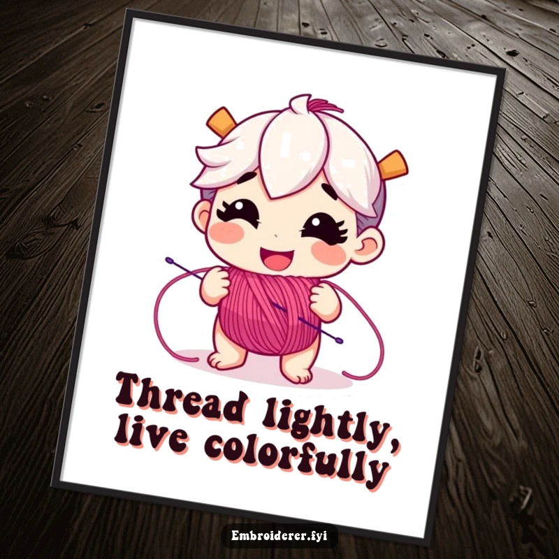 Funny Free Printable wall art depicting a character with a mischievous grin, unspooling a cascade of colorful embroidery floss with playful energy.